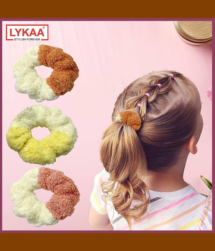Lykaa Fur Microfabric Hair Scrunchies Elastics Ponytail Holders for Women & Girls - 3 Pcs Multicolor
