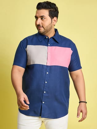 Men Plus Size Gegee-Blue Colorblock Shirt - 6XL
