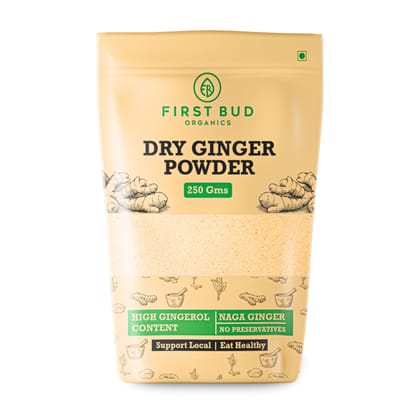 First Bud Organics Dry Ginger Powder - 250gm | Organic Ginger Powder With High Gingerol Content | Non GMO, Gluten Free & No Preservatives | Perfect For Cooking, Baking, Smoothies, and Teas