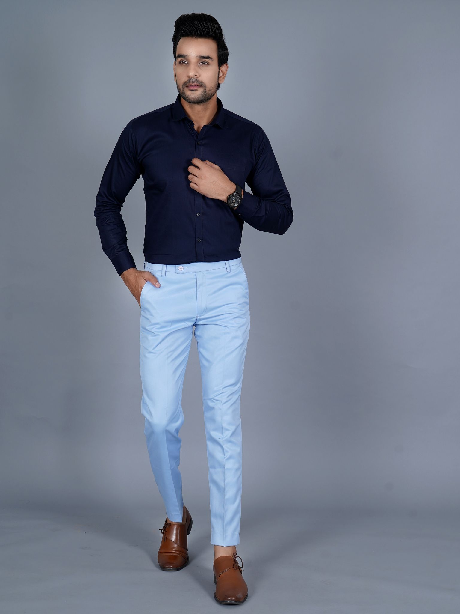 QVERR Slim Fit Men Light Blue Trousers