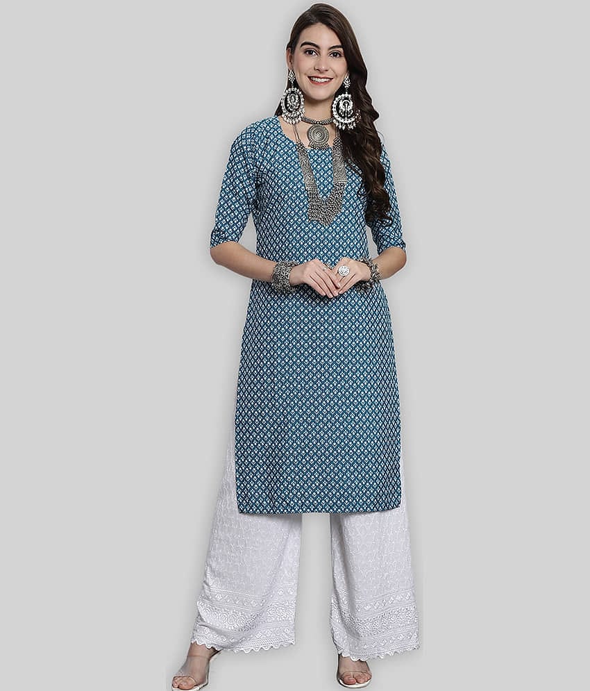 7Threads Crepe Printed Straight Women's Kurti - Blue ( Pack of 1 )