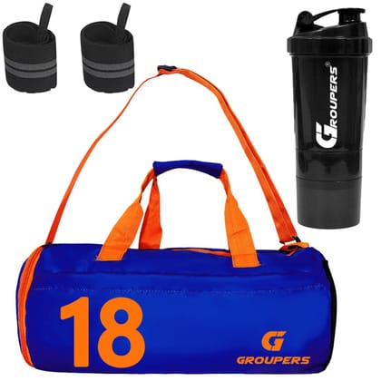 GROUPERS Combo Set of Duffle Polyester Bag with Shaker Bottle-500ml & Wrist Band (Blue 18)