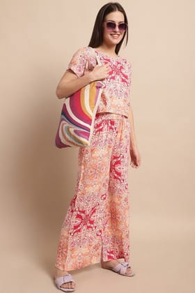 Pink Color Printed Viscose Rayon Nightsuit For Women-m