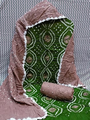 Cotton Contrast Leheriya Bnadhej work Bandhani Dress Material-Unstitched / Green-Brown