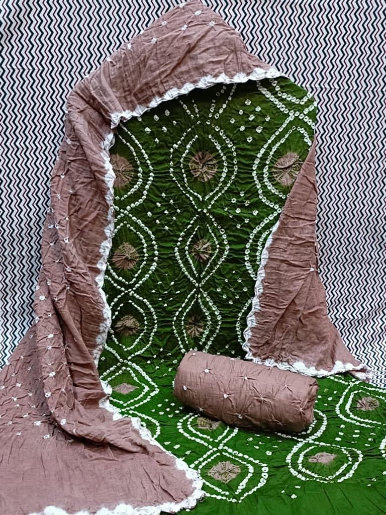 Cotton Contrast Leheriya Bnadhej work Bandhani Dress Material-Unstitched / Green-Brown