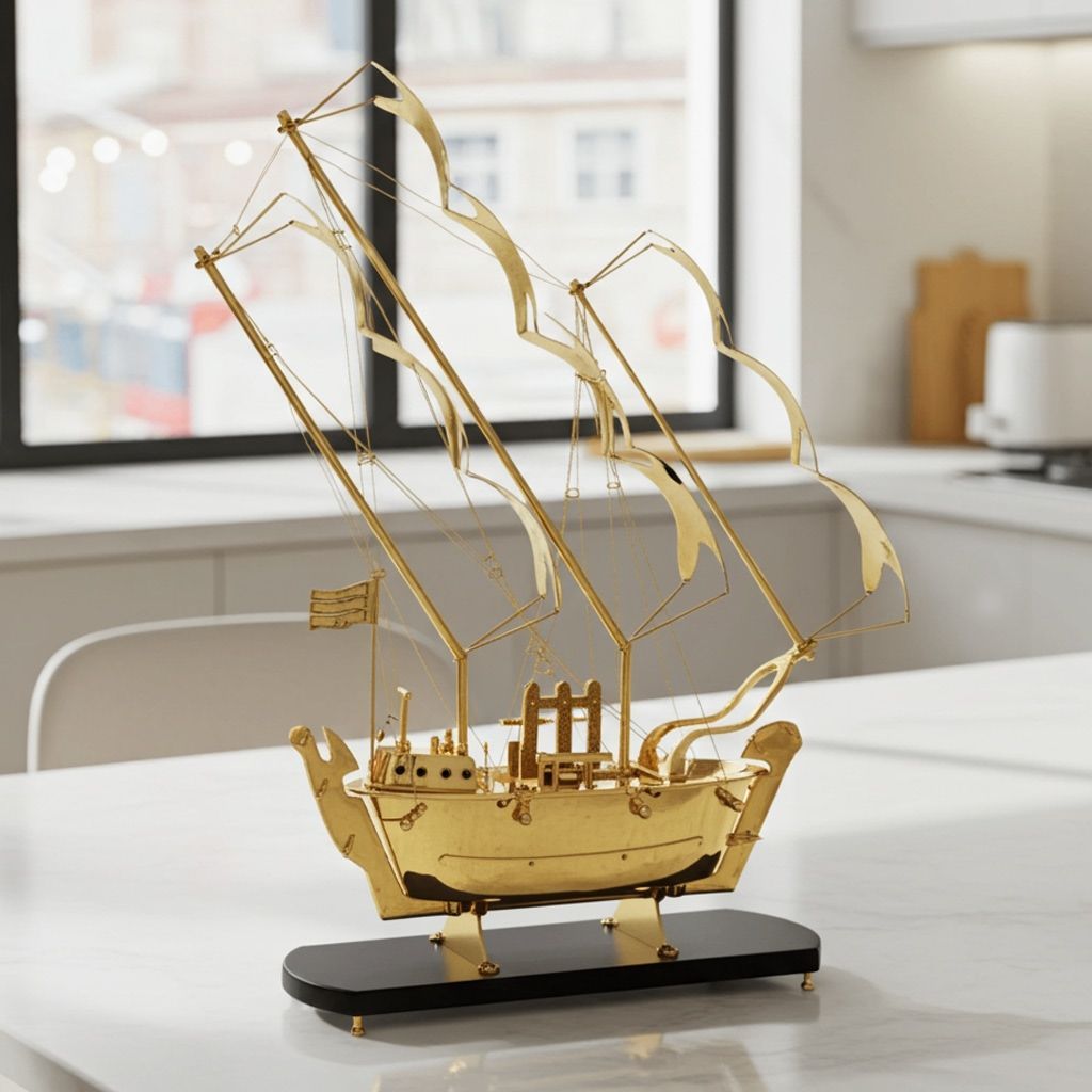 Large Brass Ship Model with Heavy Wooden Base – Luxury Home Decor, Height : 43 Inch (MRMAS128 E)