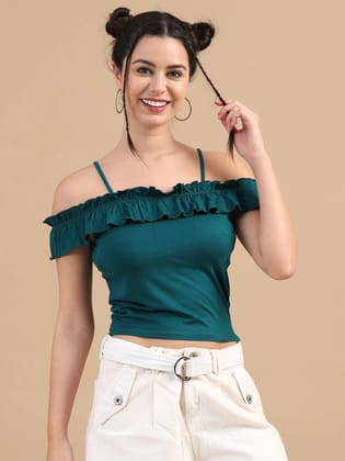 Women Bardot Crop Top, Sleeveless, Viscose Lycra, Teal Blue-Teal / XS