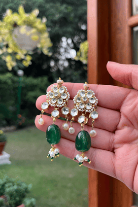 POLKI THREE DIYA EARRINGS - GREEN