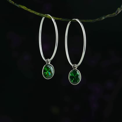 Emerald Green Drops Silver Hoops