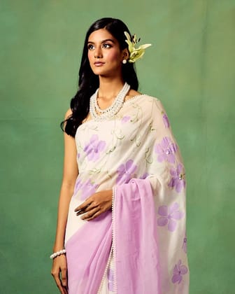Lavender Bloom Pure Georgette Saree – Hand-Painted Floral Motifs with Sequins & Modal Satin Blouse-Regular