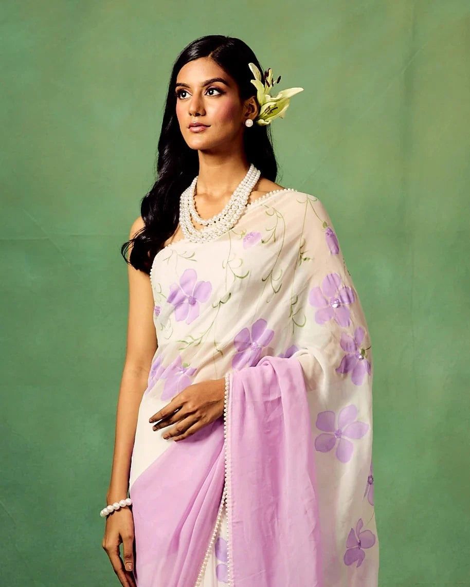 Lavender Bloom Pure Georgette Saree – Hand-Painted Floral Motifs with Sequins & Modal Satin Blouse-Regular