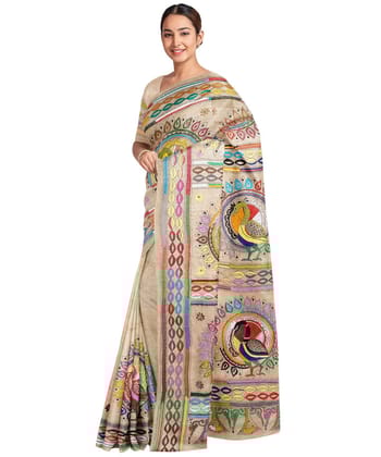 Beige multicolor handcrafted kantha tussar silk saree
