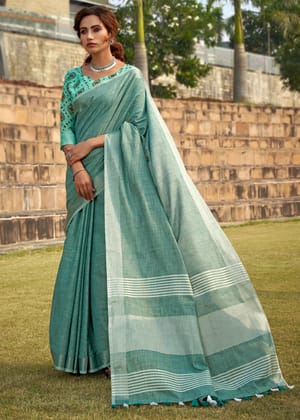 Aqua Blue Woven Linen Saree With Khadi Print Blouse