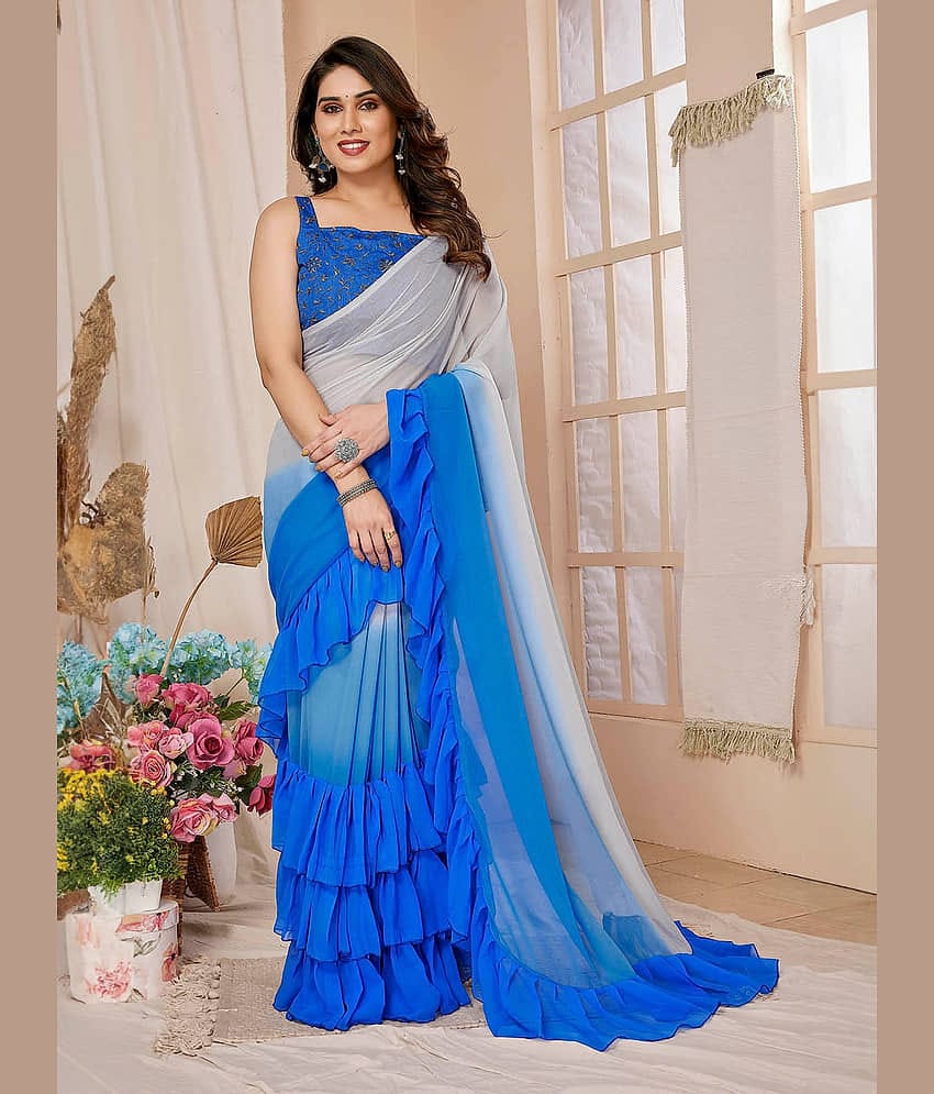 BLEESBURY Georgette Dyed Saree With Unstitched Blouse Piece ( Blue )