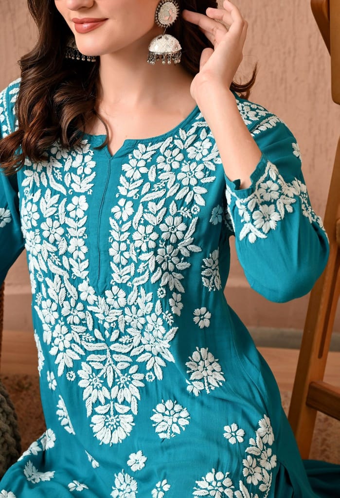 Hand Embroidered Chikankari 3d Work Plazo Set