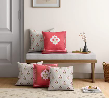 India Circus Grey Poppy Flower - Satin Blend Cushion Cover Set Of 5 - 16 X 16 Inch