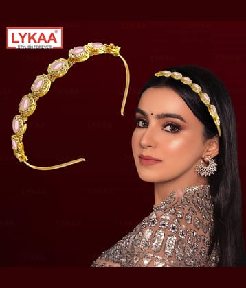 Lykaa Kundan Jewellery Golden Pink Plated Hair Band Mathapatti Hair Band For Women and Girls (Pink)
