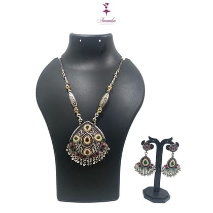 ANAMIKA Luxury Handcrafted Necklace Jewellery Set with Ear Rings, Oxidized, Oval Pendant, Grey Pink and Green stone