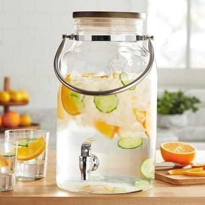 Glass Iced Drink Dispenser with Wooden Lid and Tap | 5.6 Littre |Cold Beverage for Beer, Water, Cocktails, Detox Drinks & More, Clear Glass, Perfect for Parties & Events