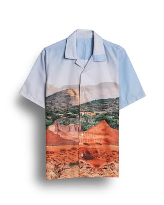 "Blue Majesty: Summit Serenity - Exclusive Mountain Print Shirt by Glamastitch"-S