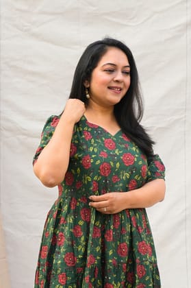 Dostana Dark Green Maternity and Nursing Cotton Dress-S