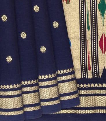 Midnight Blue Handloom Paithani Cotton Saree With Kamalam Buttas-Midnight Blue-Midnight Blue