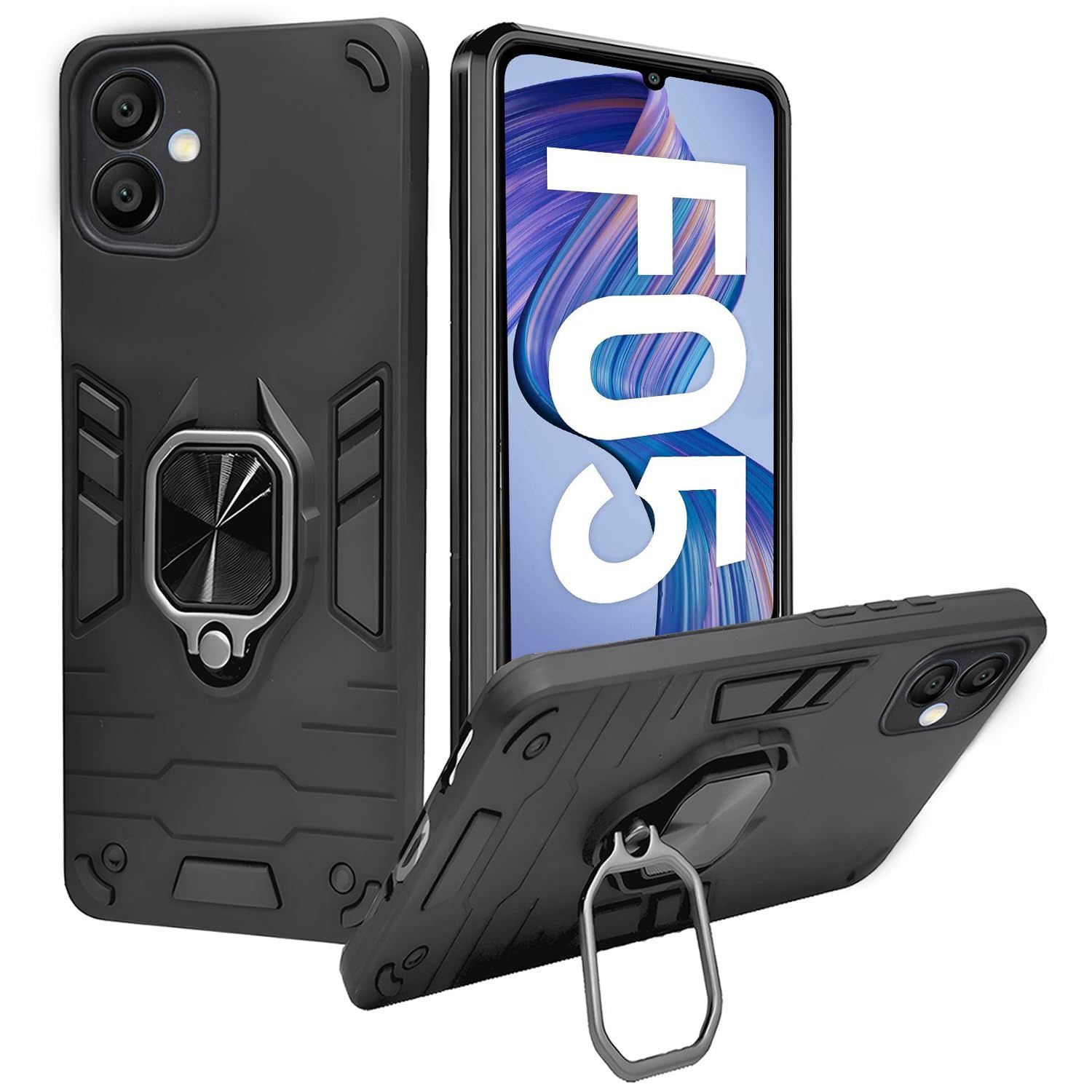 A rtistque Armor Bumper Back Case Cover for Samsung Galaxy M05 / A05 / F05 | Stylish Ring Holder & Inbuilt Stand | Shockproof TPU Protective Design | Samsung Galaxy M05 / F05 Back Cover - Black Armor Series-Black