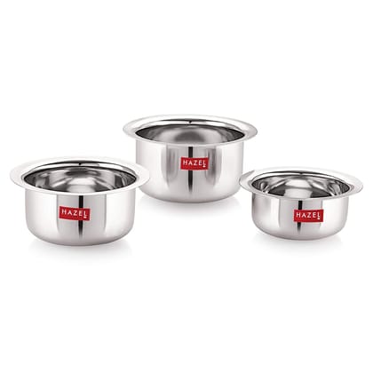 HAZEL Small Utensils Set for Kitchen , Set of 3 (300 ml, 500 ml & 800 ml) Small , Stainless Steel Mini Tope Set with Round Bottom , Boiling Vessels, Multipurpose Steel Bhagona HAZEL Small Utensils Set for Kitchen , Set of 3 (300 ml, 500 ml & 800 ml) Small , Stainless Steel Mini Tope Set with Round Bottom , Boiling Vessels, Multipurpose Steel Bhagona