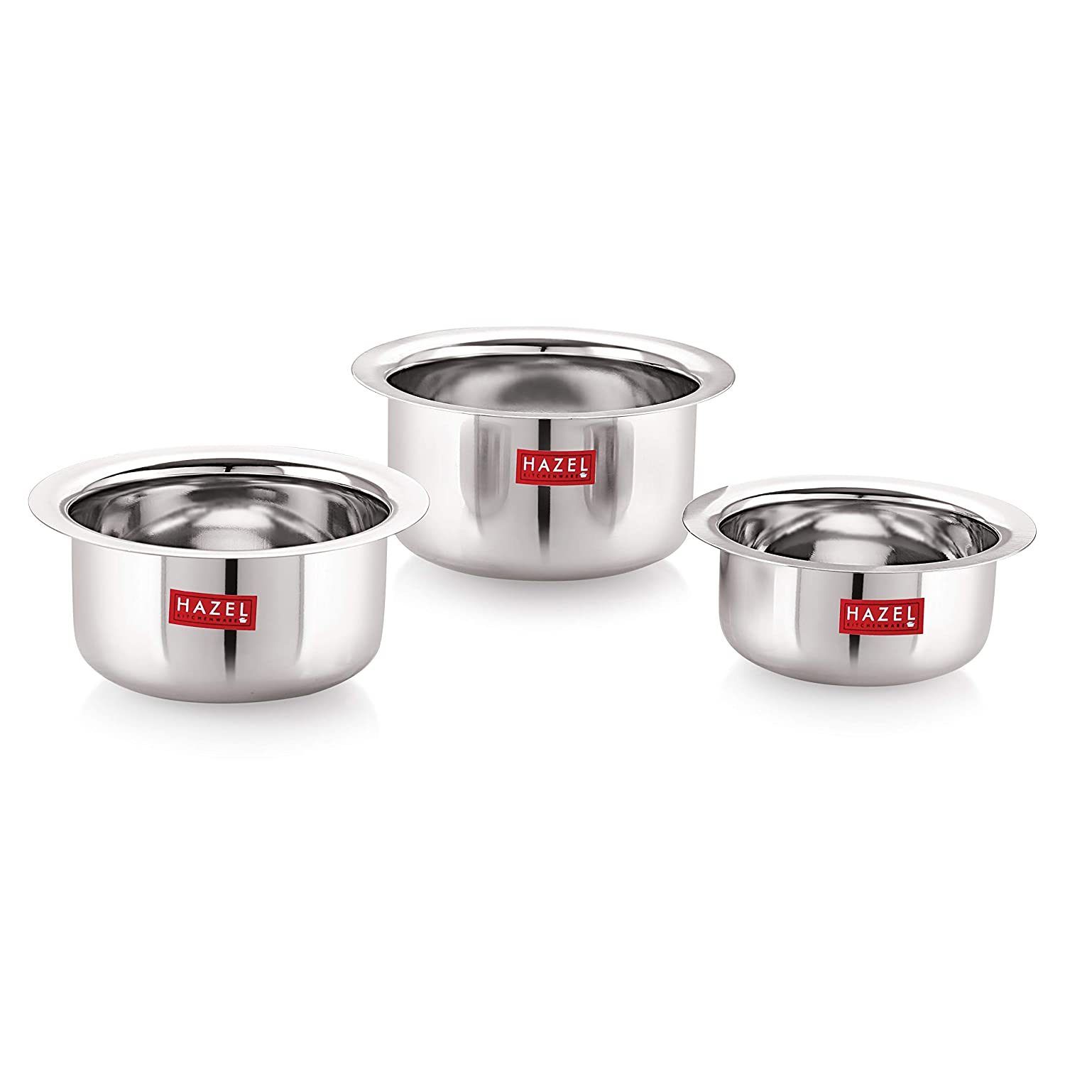 HAZEL Small Utensils Set for Kitchen , Set of 3 (300 ml, 500 ml & 800 ml) Small , Stainless Steel Mini Tope Set with Round Bottom , Boiling Vessels, Multipurpose Steel Bhagona
