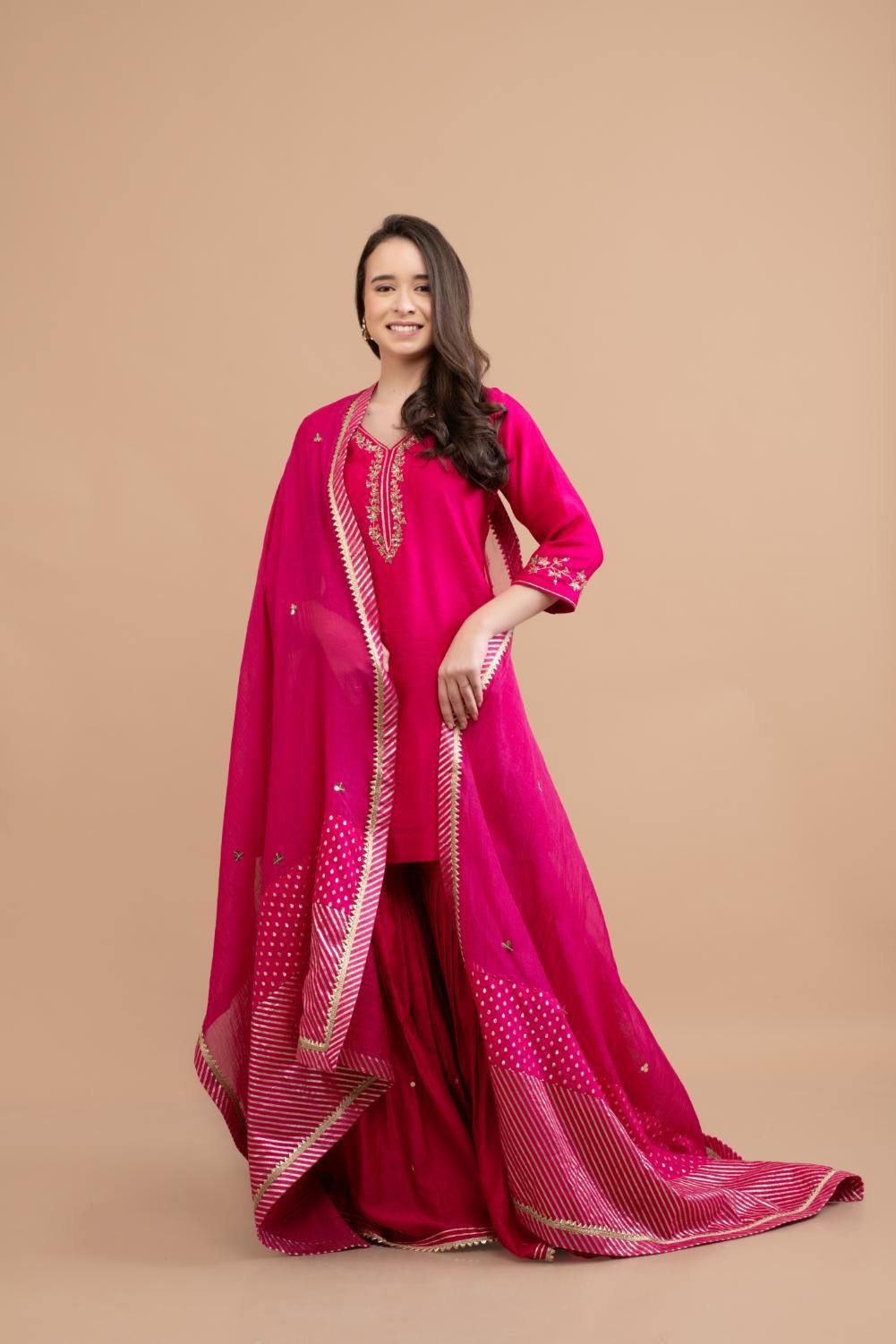 FUCHSIA PINK CHANDERI SHARARA SET OF 3-XL