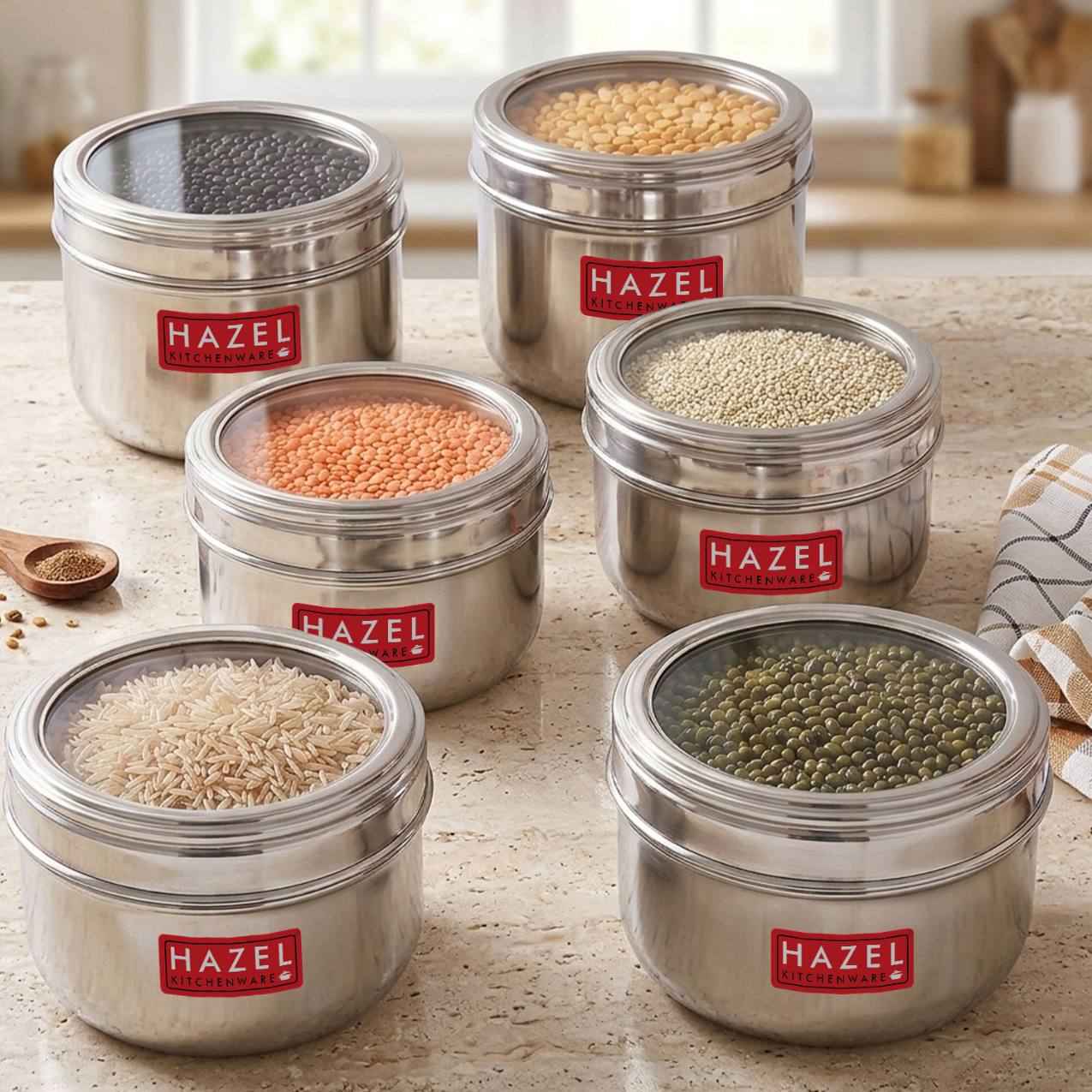 HAZEL See Through Kitchen Storage Container Set 1100ml (Set of 6) , Stainless Steel Dabbas with Transparent Top for Pantry Use