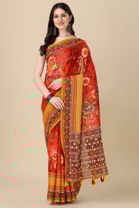 Red Printed Linen Saree