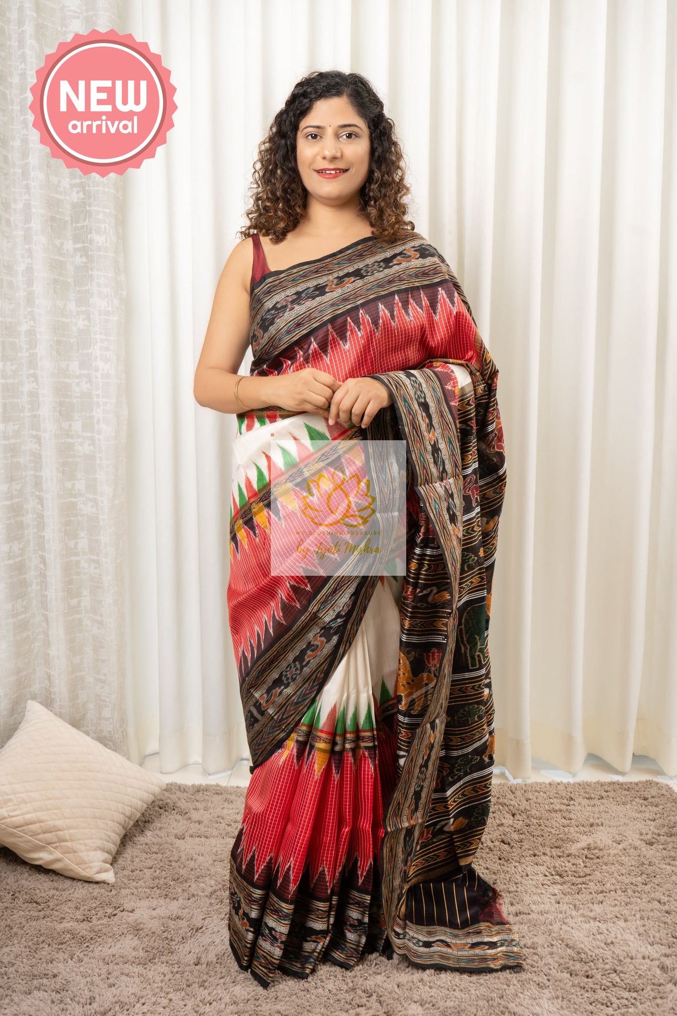 Odisha Ikkat Khandua Silk 3D Saree- Red-Off White-Red