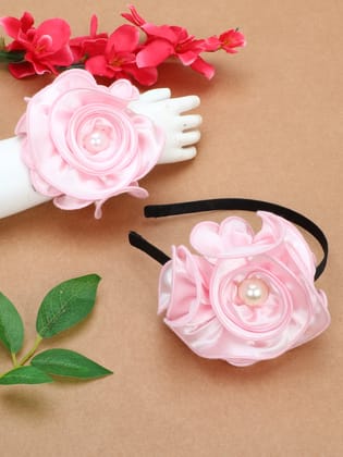 Satin Flower Bracelet & Hairband Set- Pink-one Size / Pink