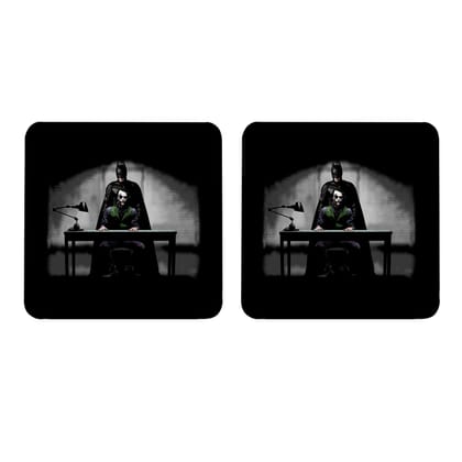 Multicolor Dark Knight Batman Interrogates Joker Set Of 2 Square Wooden Coaster