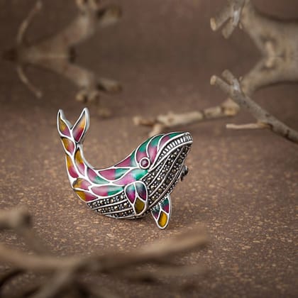 Colorful Dolphin Oxidised Silver Brooch/ Lapel Pin for Men with Enamel and Marcasite