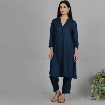 Blue Solid Viscose kurta set-XS
