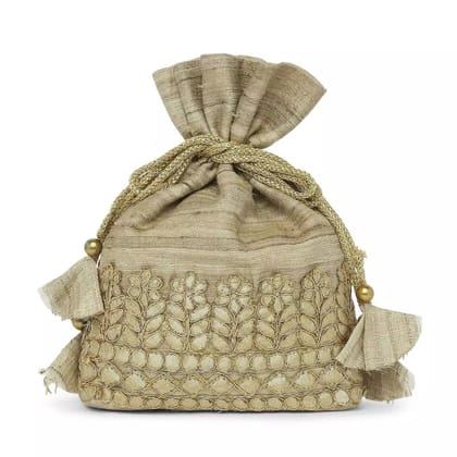 Tisser Ghicha Tussar Silk Potli Pouch With Hand Embroidered