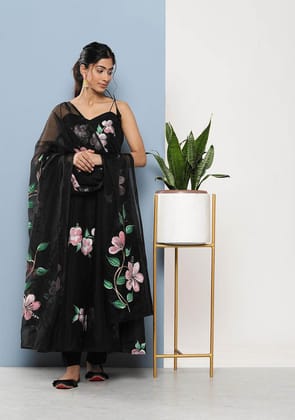 Black Hand Painted Floral Organza Anarkali Kurta Pant Set with Dupatta-XS