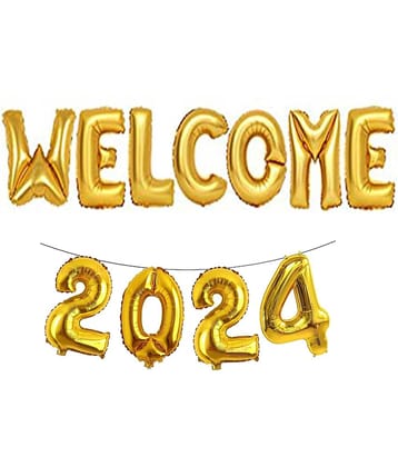 Kiran Enterprises Welcome Foil Letter Balloon ( Gold ) + Foil Number- 2024 ( Gold ) For New Year Party Decoration Kit