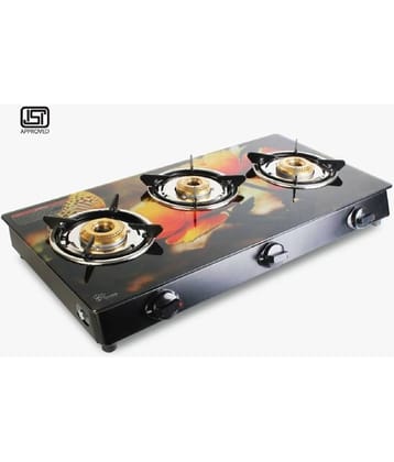 Suryaviva Nano Plus 3B Ms Bk Toughened Glass 3 Cast Iron Burner Gas Stove(Manual Ignition,Black)