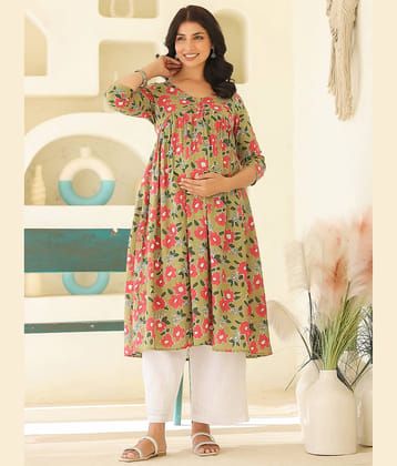 Janasya Green Cotton Maternity Kurta Single