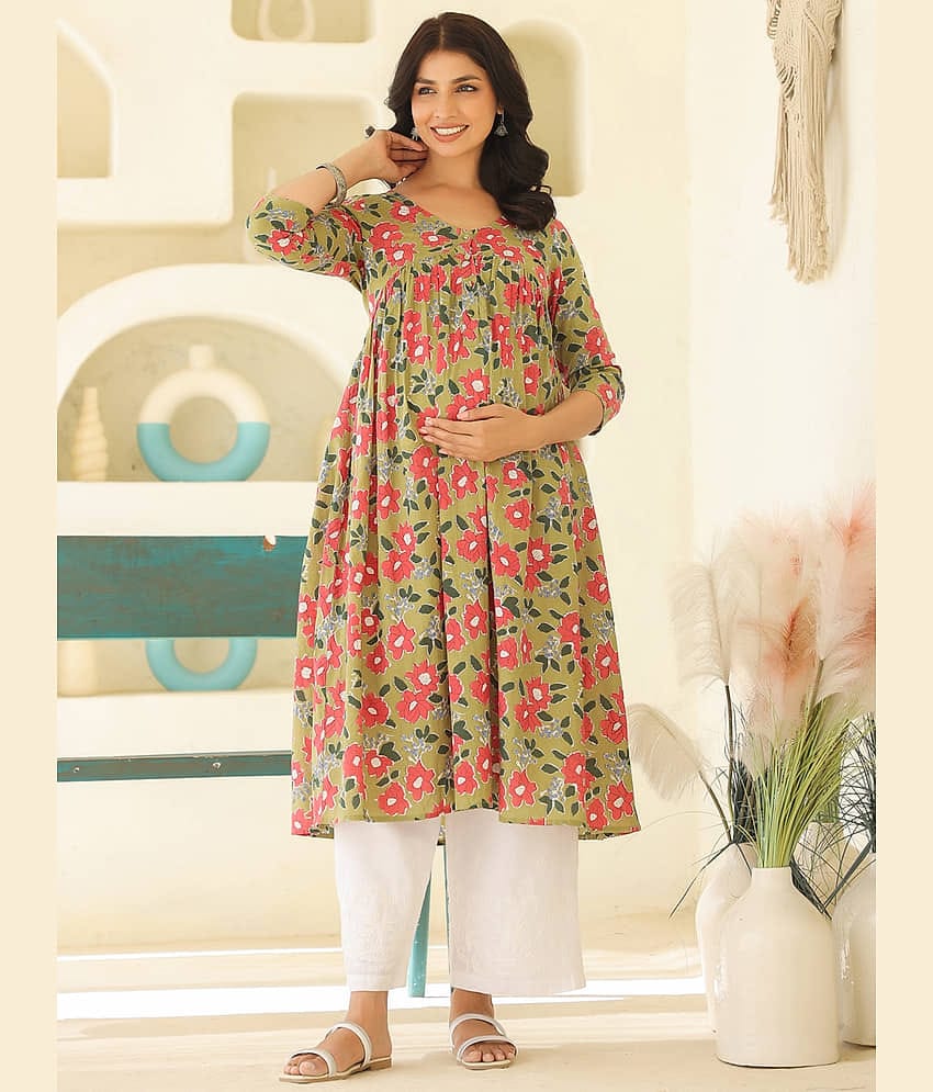 Janasya Green Cotton Maternity Kurta Single