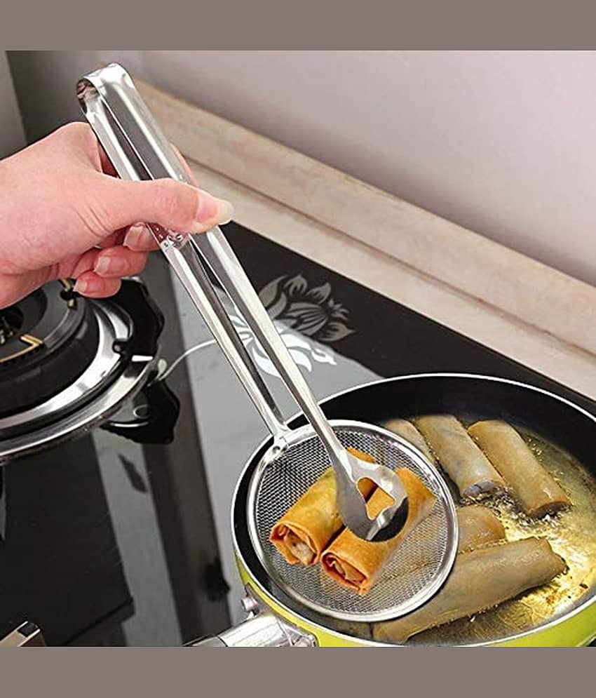Bhavyta Silver Stainless Steel 2 in 1 Fry Tool Filter Spoon Strainer with Clip ( Set of 1 )