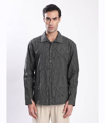 IVOC 100% Cotton Relaxed Fit Self Design Full Sleeves Cuban Collar Men's Casual Shirt (Dark Green)