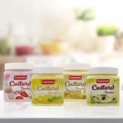 Puramio Custard Powder (Vanilla, Strawberry, Mango & Butterscotch), 250 gm Each - Pack of 4 Puramio Custard Powder (Vanilla, Strawberry, Mango & Butterscotch), 250 gm Each - Pack of 4