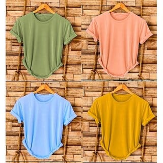 Fashlook Solid Round Neck Polyester Casual Multicolor Half Sleeve T-Shirt For Mens (Pack of 4)
