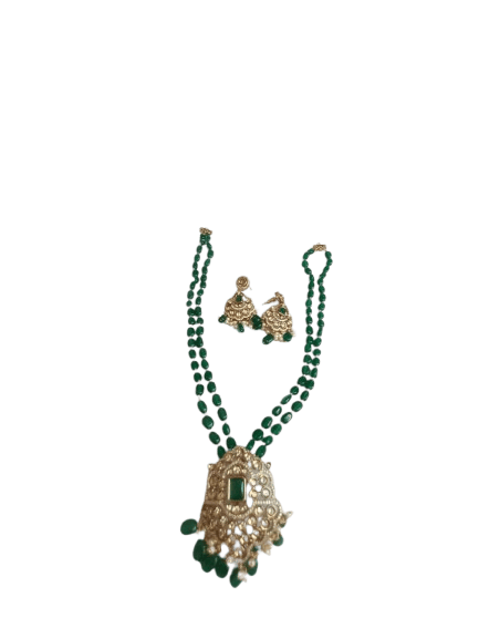  Gold-plated Kundan and Pearl Necklace Set with Green Beads