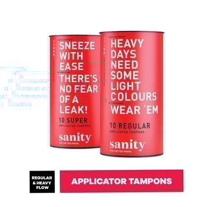 Sanity Super & Regular Applicator Tampons Pack - 20 Tampons (10 Super + 10 Regular) | Light to Heavy Flow Period Care