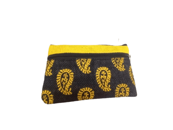 Black and Yellow Paisley Print Small Zippered Coin Purse Wallet